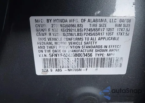 2009 Honda Pilot Ex from USA, damaged, VIN 5FNYF48439B003456